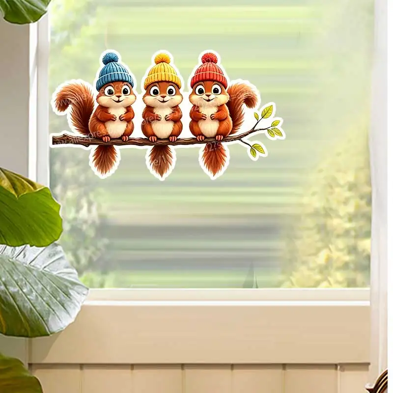 Three Cute Squirrel Baby Wall Stickers Self-Adhesive Home Decor Window Fridge Children's Room Art Decal Stickers AA563