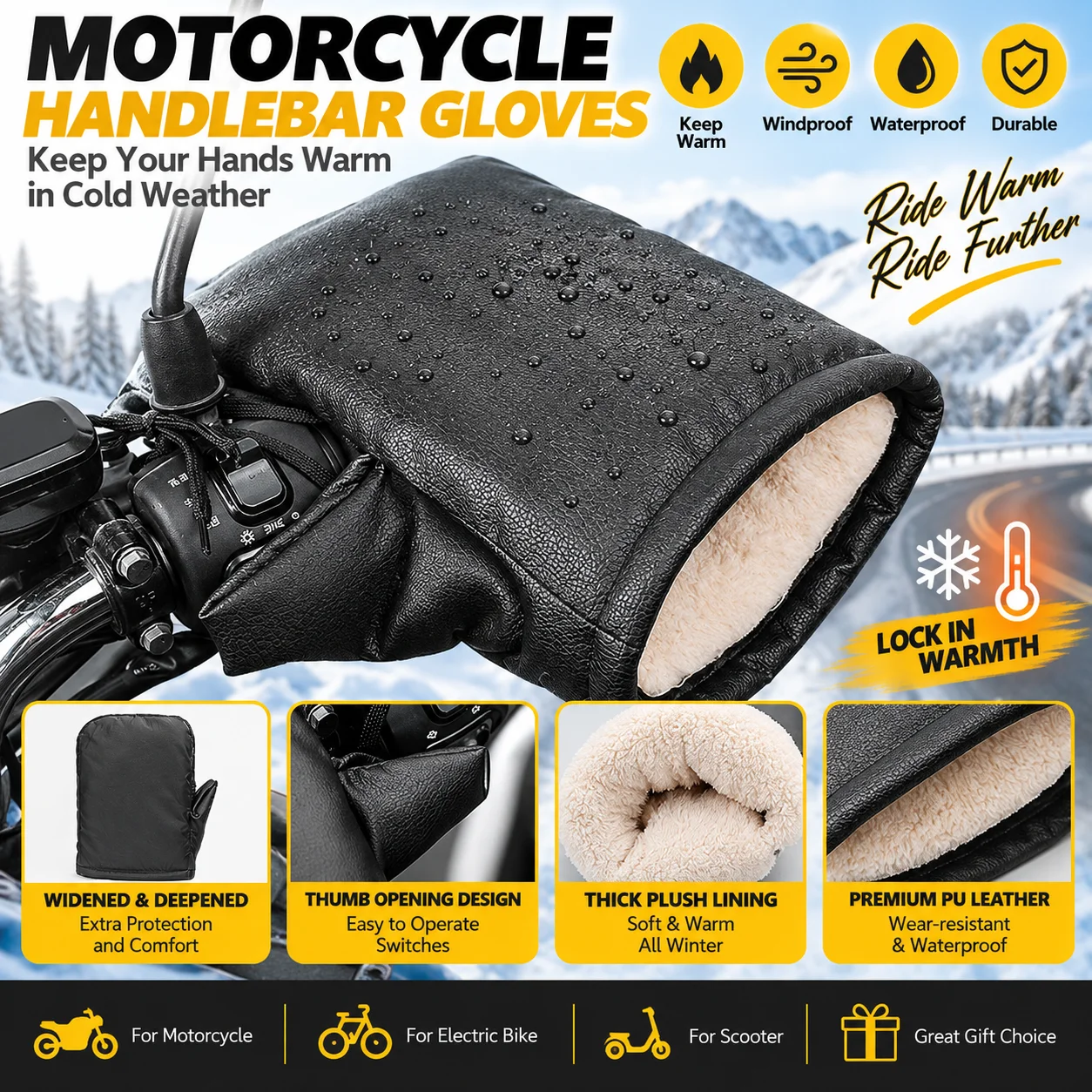 Winter electric bike warm gloves, motorcycle velvet thick protective gloves, waterproof, windproof, transparent rain cover