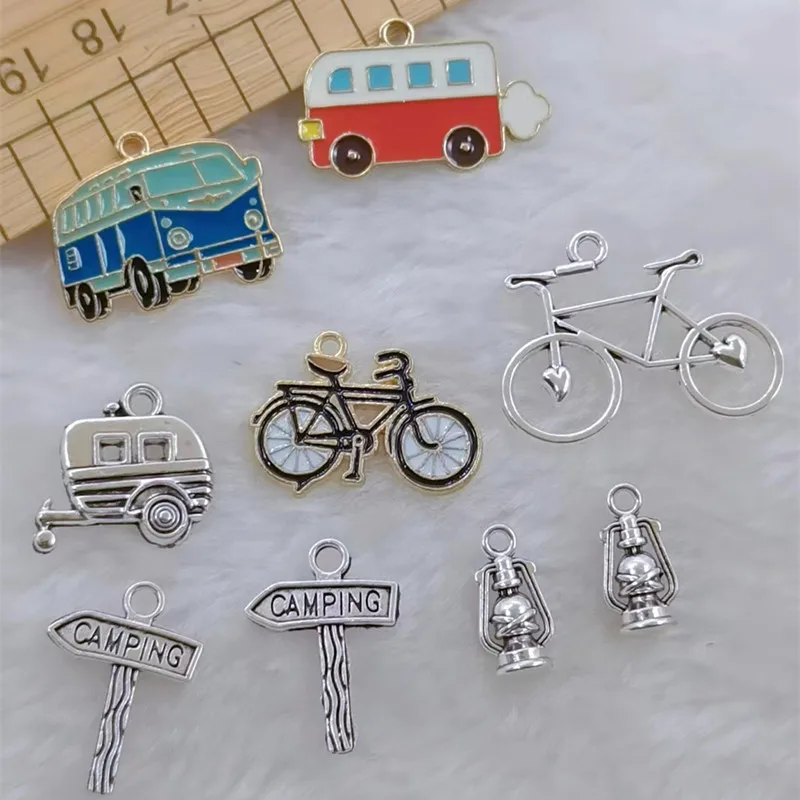 10pcs Cute Mini Bus Charm Happy Camper Charm Pendant Handmade Keychain Metal Charm Earrings DIY Jewelry Making