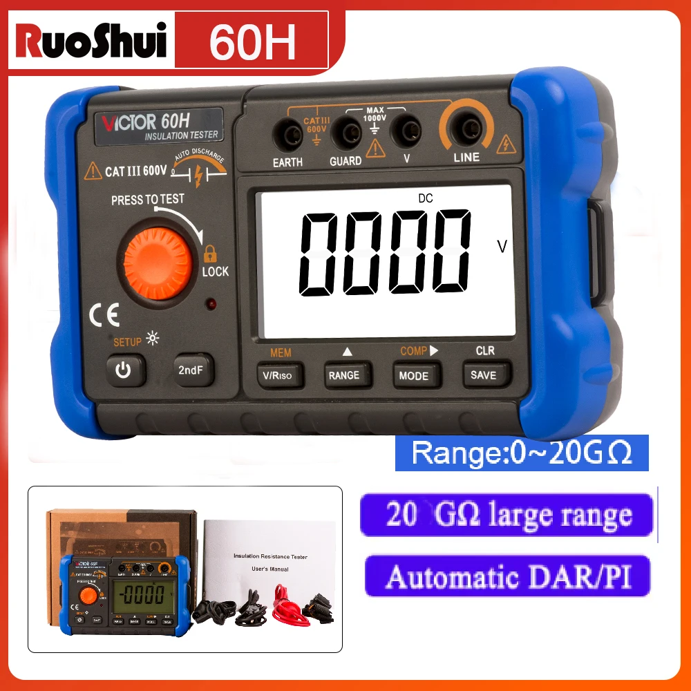Insulation Resistance Tester Digital Resistance Meter 0~100GΩ Ground Resistance 2500V Voltage Backlit Data Hold Insulation Test