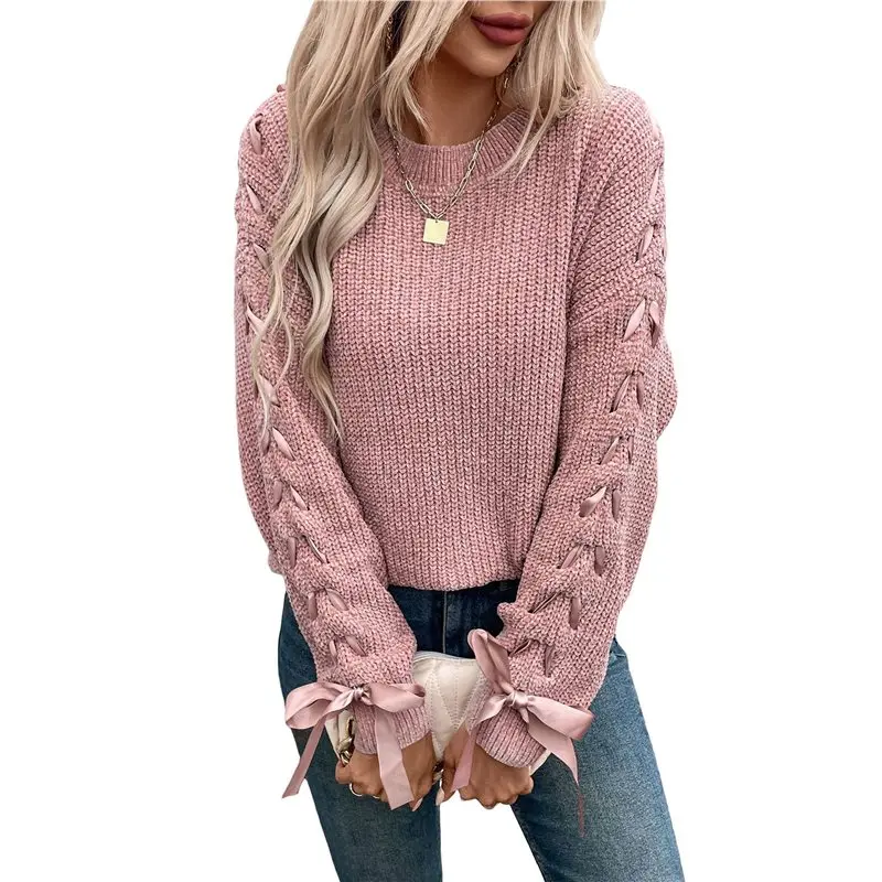 

Женский повседневный свитер ABRT с круглым вырезом, свободного кроя, с бантом, однотонный, модный, вязаный, с длинными рукавами