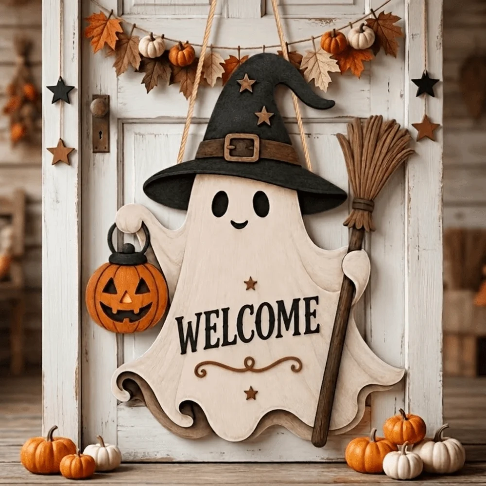 2D Flat Ghost Door Hanging Cartoon Pattern White-Clad Ghost Theme Halloween Welcome Door Sign Rustic Style Wooden Doorplate