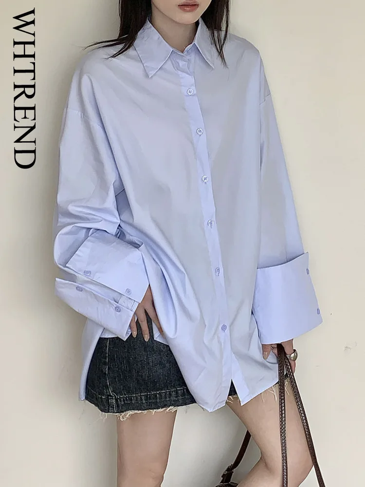 WHTREND قميص أزرق للنساء أنيق BF نمط فضفاض كبير الحجم كم طويل تصميم قمصان متوسطة الطول WH1696 #1