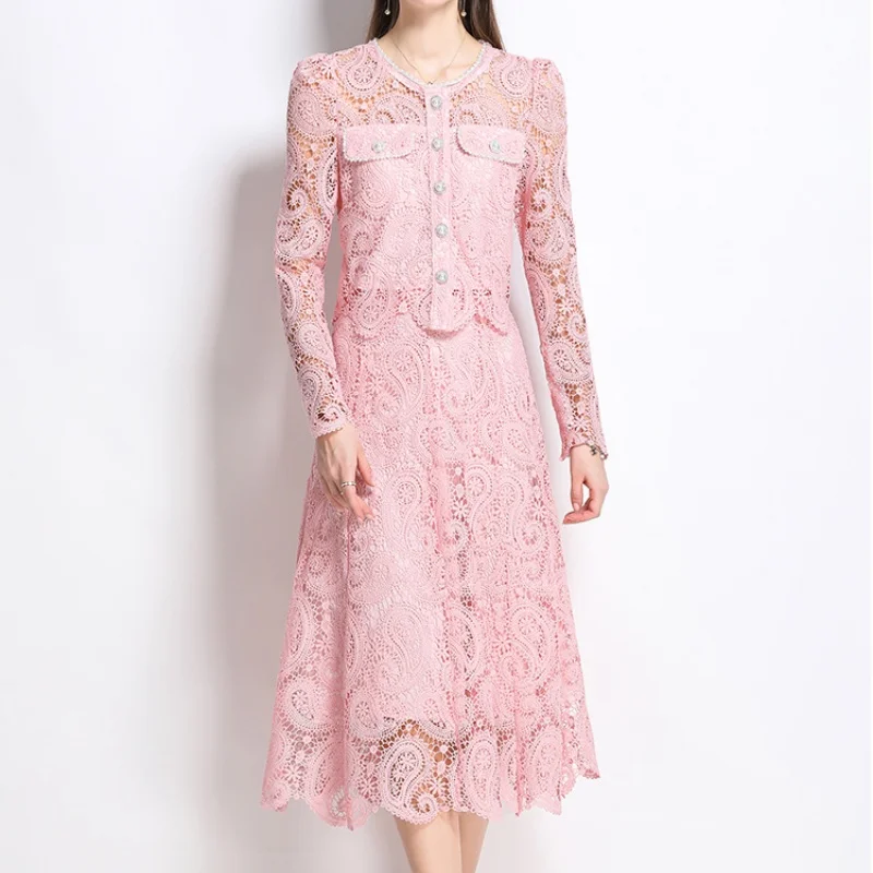 

Fashion Lace Flower Embroidery Two Piece Set Women Elegant Puff Sleeve Single Breasted Crop Top+Midi Skirts Suits Summer Outfits