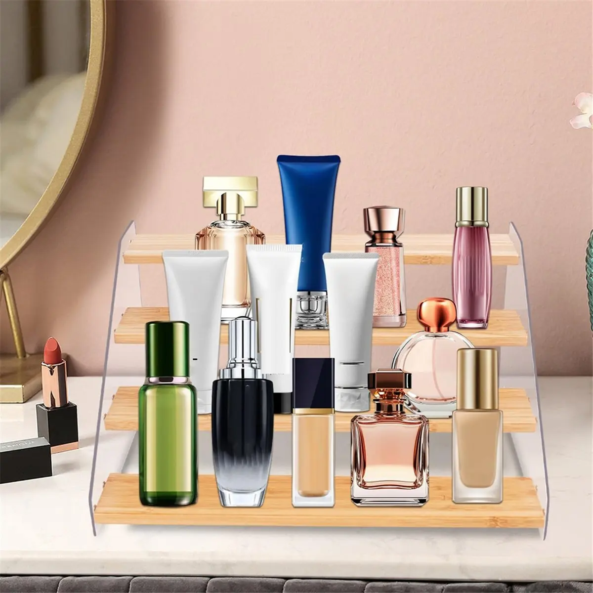A75K 12In Spice Rack Organizer for Cabinet - Wooden 4Tier Display Stand -Space Saving Display Shelf Riser for Perfume Cupcake