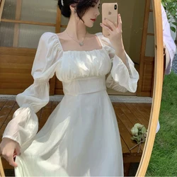 MEXZT Sweet Puff Sleeves Dress Women Long Sleeve Sexy Backless Bow Bandage Dresses White Square Collar Elegant Party Vestidos