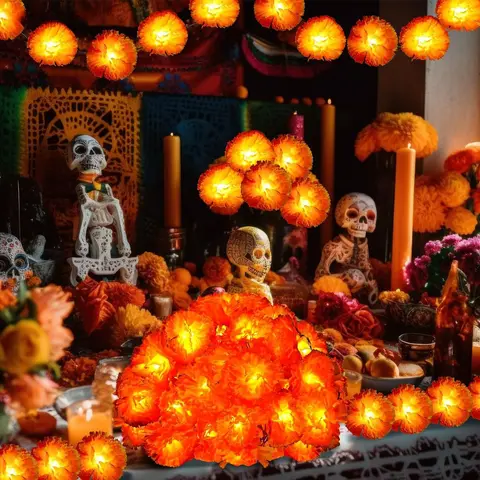 3M mexikansk ringblomma konstgjorda blommor de dödas dag DIY hem utomhusdekor Halloween Diwali fest 1,5m girland ljusslinga 10 best sales Mexikansk dekoration - №2