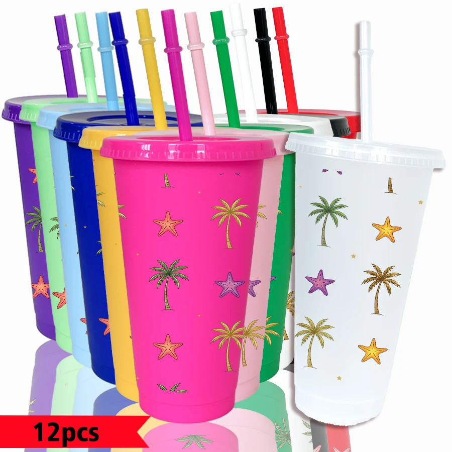 12pcs/pack Palm Trees Starfish Star Pattern 26oz Colored Plastic Party Cold Cups for Back-to-school Birthday Gifts
