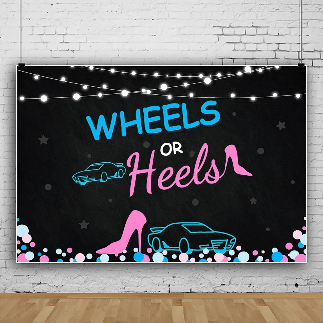 

Wheels or Heels Blue Pink Party Backdrop for Gender Reveal Decorations Black Board Baby Shower Photo Background
