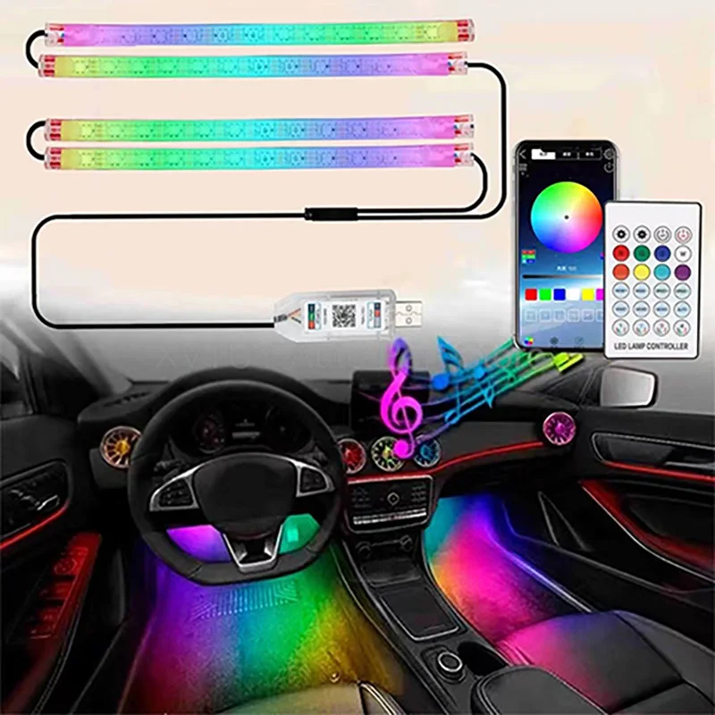 

RGB Flow светодиодный автомобильный светильник для ног с питанием от USB, красочный дыхательный звуковой активированный стробоскоп для внутренней декоративной полосы