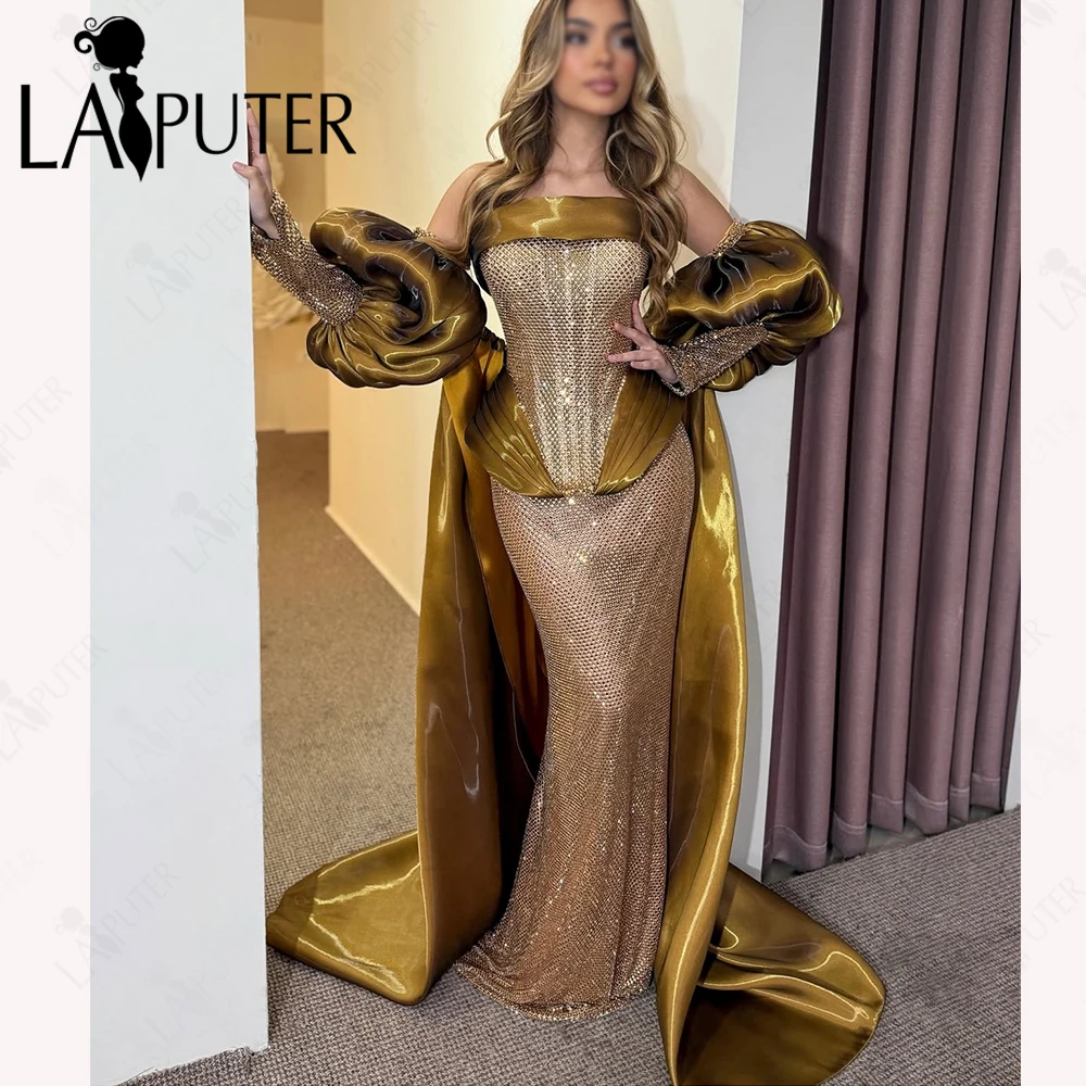 Luxury Gold Evening Dresses Grid Sequin Mermaid Dress Corset Bodice Shiny Organza Tail Puffy Lantern Sleeves Woman Formal Dress
