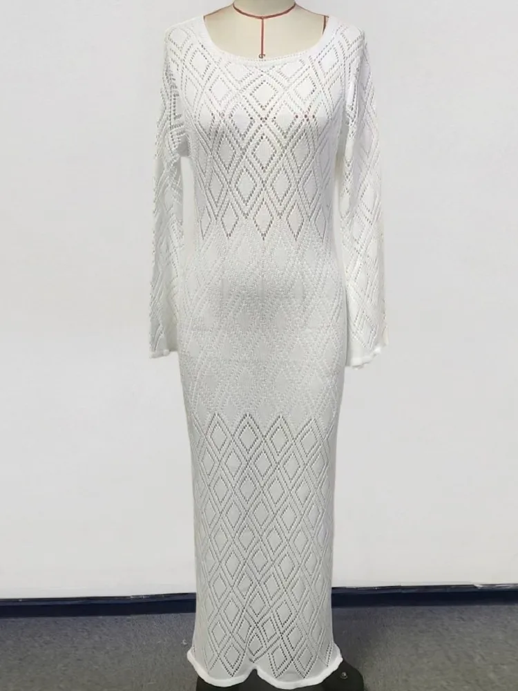 Sexy Women Long Knit Beach Dress Hollow-Out O-Neck Long Sleeve Bikini Cover-Ups Dress Fall Holiday Dress 2026 Summer Cover Up