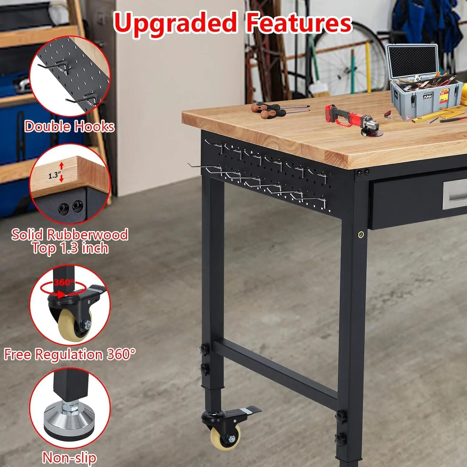 Adjustable Height 48 X 24 Workbench Heavy Duty Rubber Wood Top 2000 LBS Load Workstation Drawer Pegboard Power Outlets Lockable