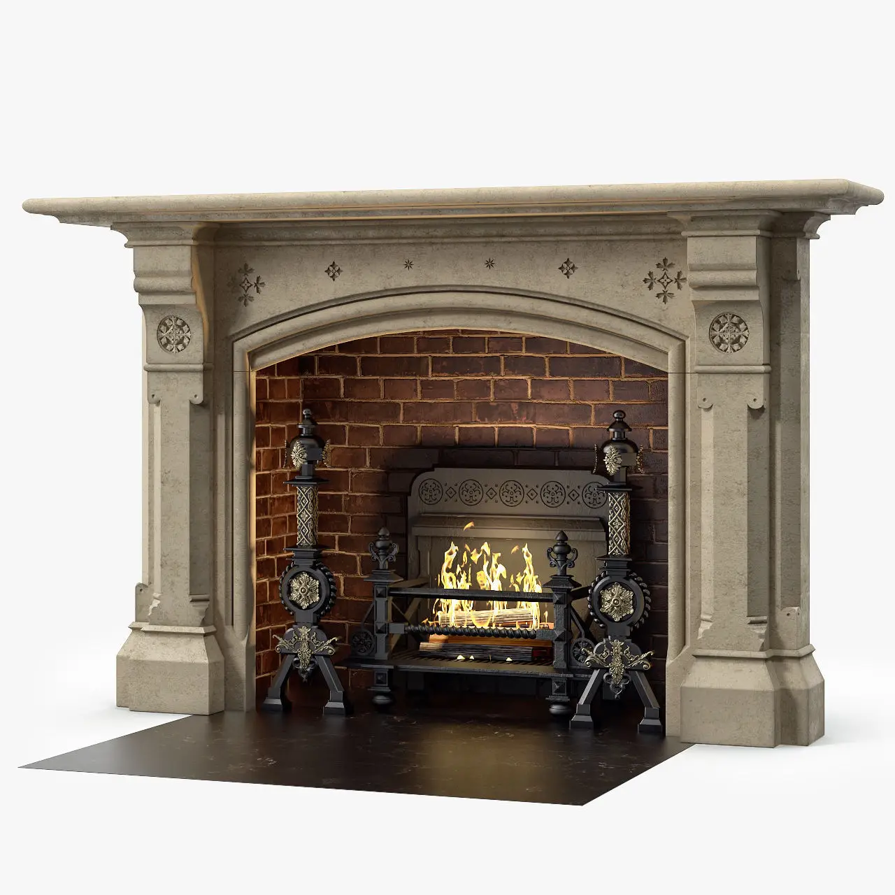 Victorian Fireplace With Ornate Mantel And Brick Backdrop