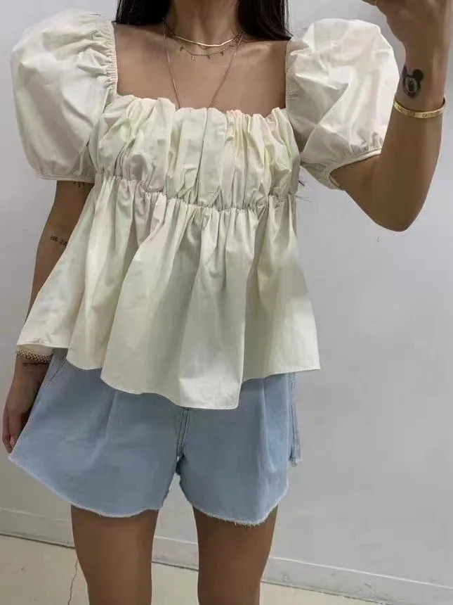 

Retro High-End ort Sve irt Women's Faion Square Collar Puffy Sve Waist-Cinching Top Commute Sle Summer Outfit