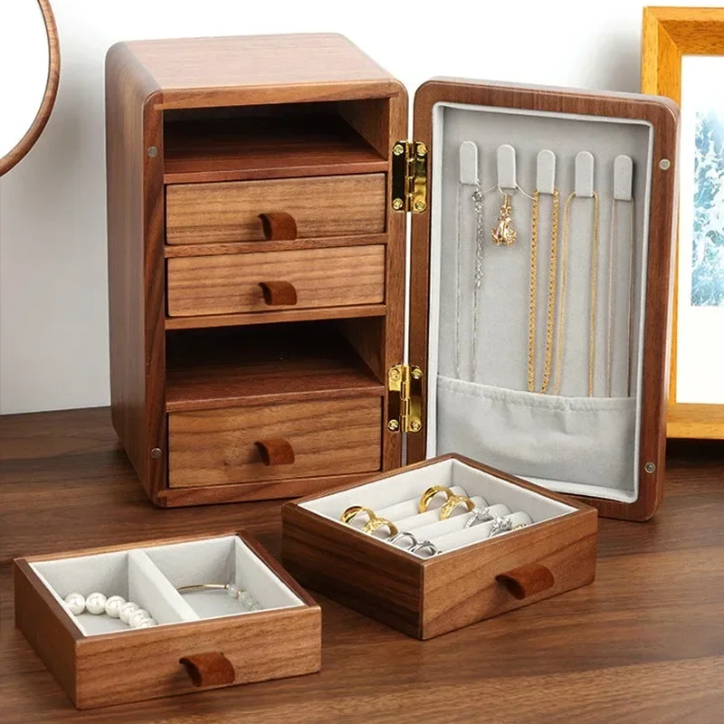 

Luxurious Walnut Wood Jewelry Box Multi-Layer High Capacity Storage Organization Dustproof Refrigerator Style， Jewelry Storage