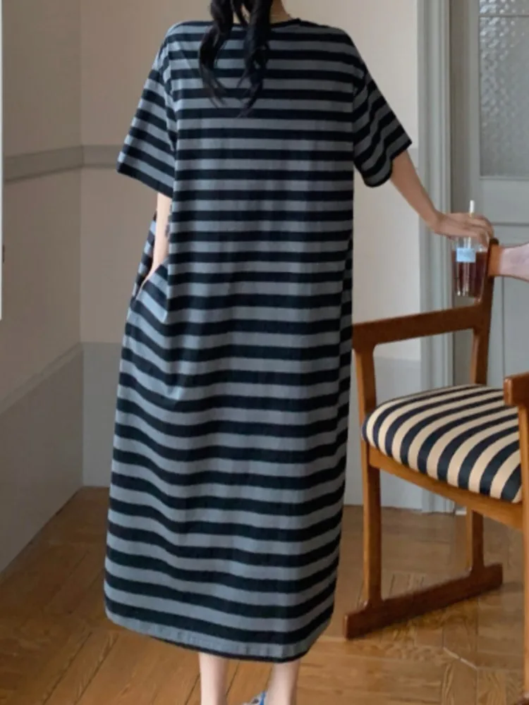 夏のストライプ Tシャツドレス女性韓国怠惰なスタイルルースレディースドレスプラスサイズストライプ半袖女性ドレス Vestidos