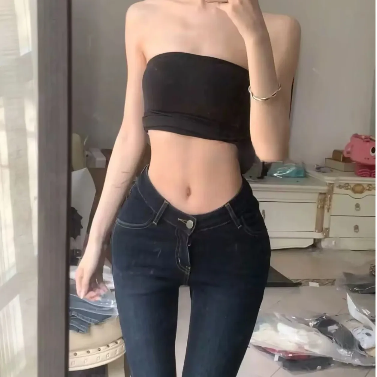 กางเกงยีนส์ทรงบานเอววีสีน้ำเงิน สำหรับผู้หญิงไซส์พลัส ช่วยยกสะโพก ผ้าฝ้ายผสมยืด ซิปหน้า สวมใส่สบายทุกฤดู