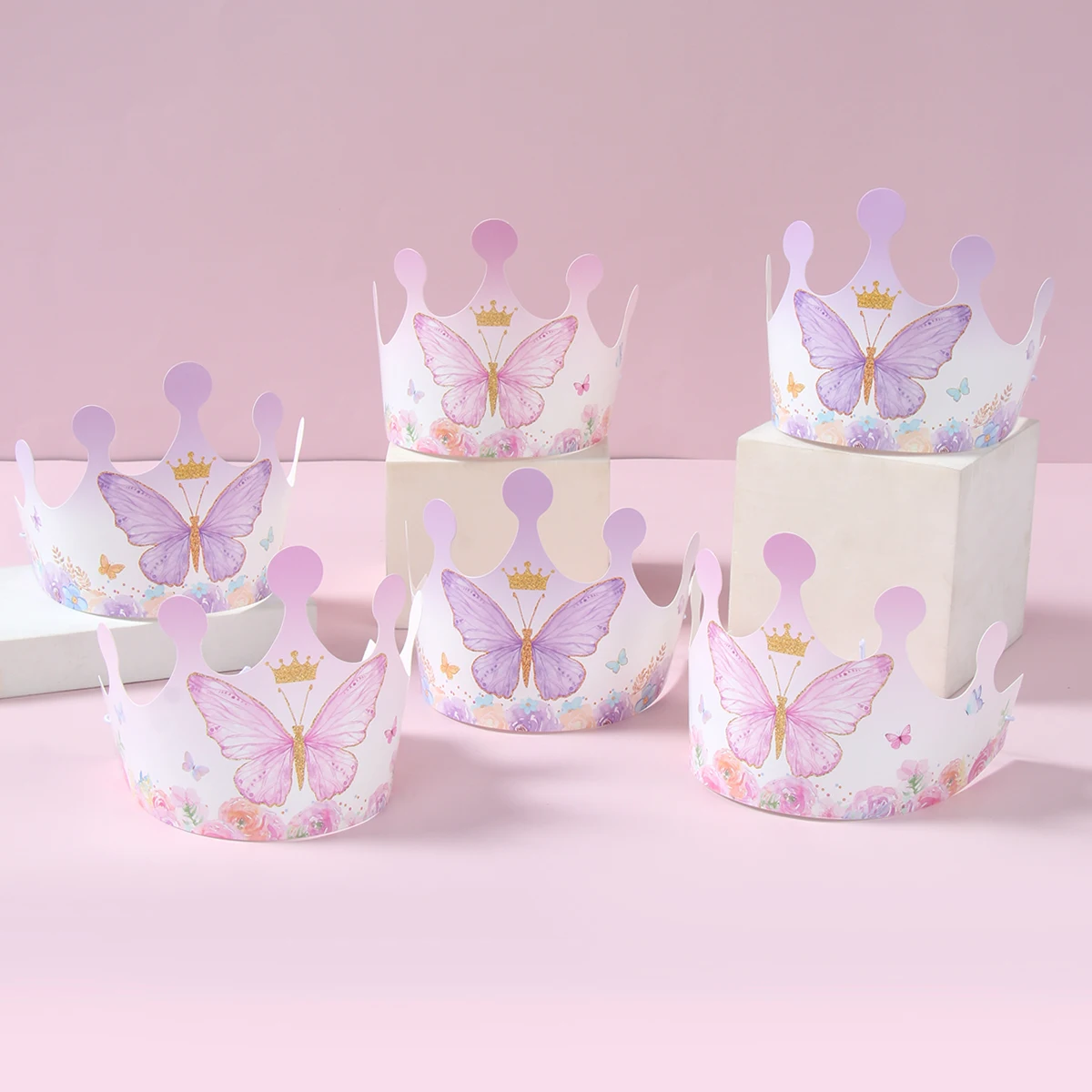 6PCS Pink Purple Butterfly Birthday Crown Hat  Birthday Party Decorations for Kids Baby Shower Girks 1st Birthday Party Suppiles