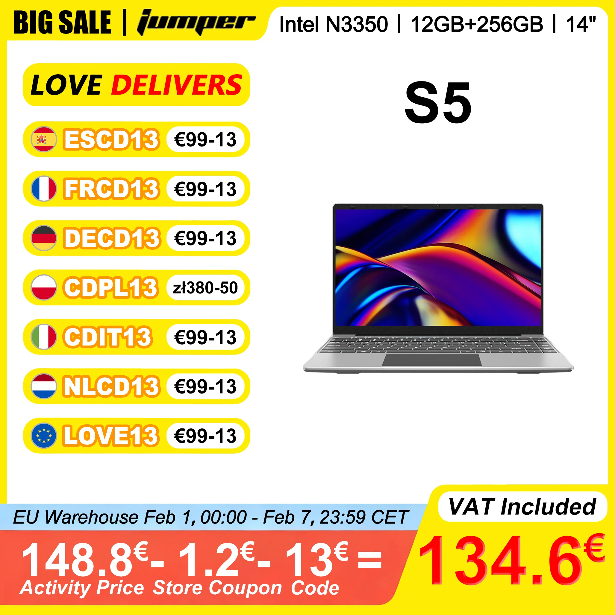 Jumper S5 Laptop 14 inch FHD Intel N3350 12GB RAM 256GB SSD Windows Intel UHD Graphics 4800mAh