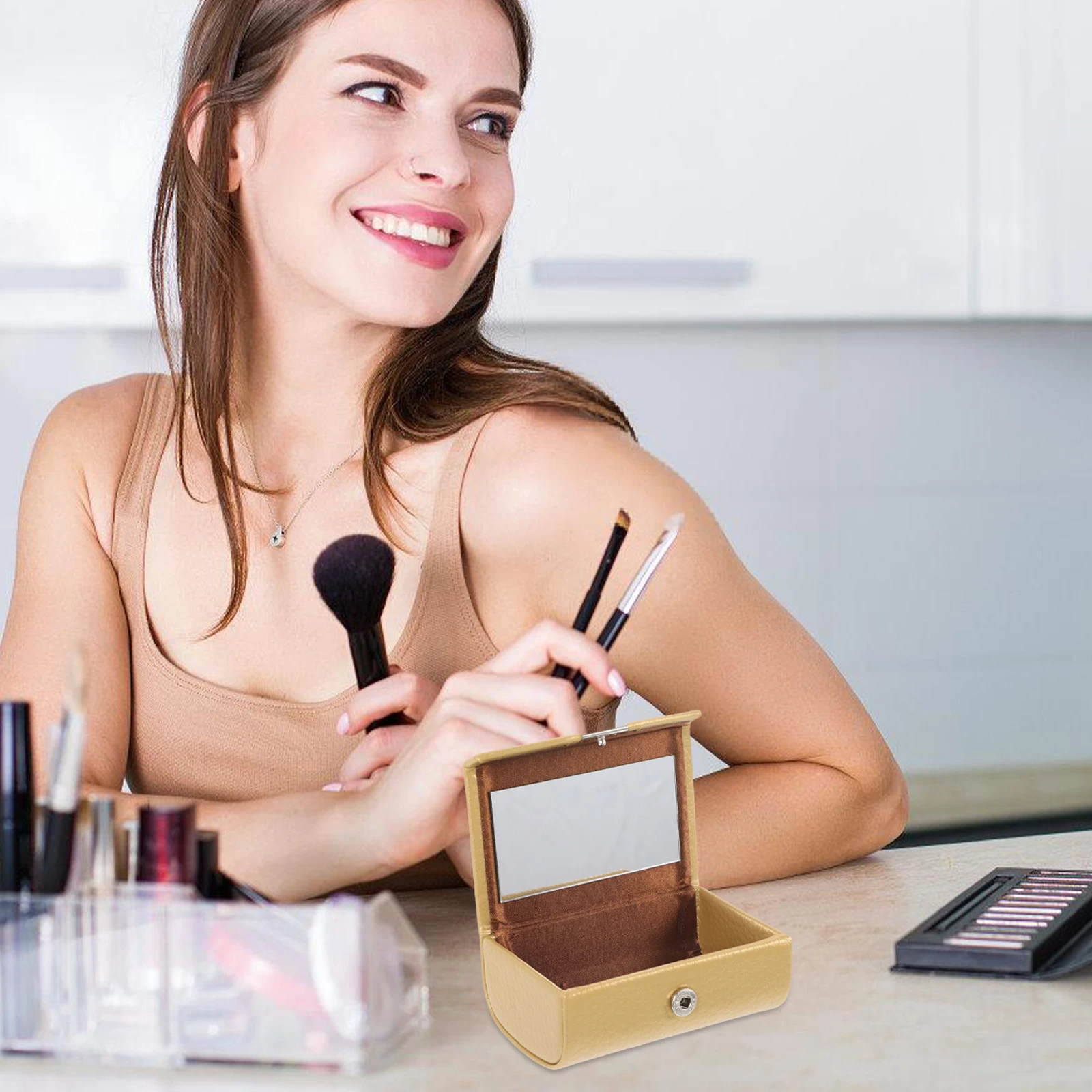 

Lipstick Box Lipsticks Organizer with Mirror Golden Texture Compact Size Travel Portable Makeup Storage Case