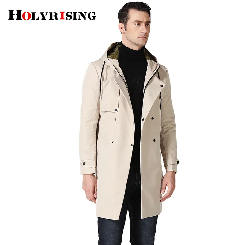 Holyrising Men Trench Coat Turn Collar Masculino Luxury Long Trenchcoat Loose Zipper Hooded Windbreaker M-3XL 18785-5