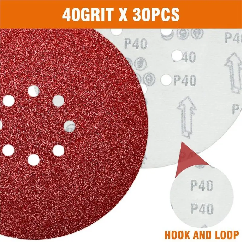 RMWIN-For Giraffe Drywall Dryer Sander Compatible-Pack Of 30 Sandpaper 225 Mm 40 Grit 8 Hole Sanding Discs 225 Mm