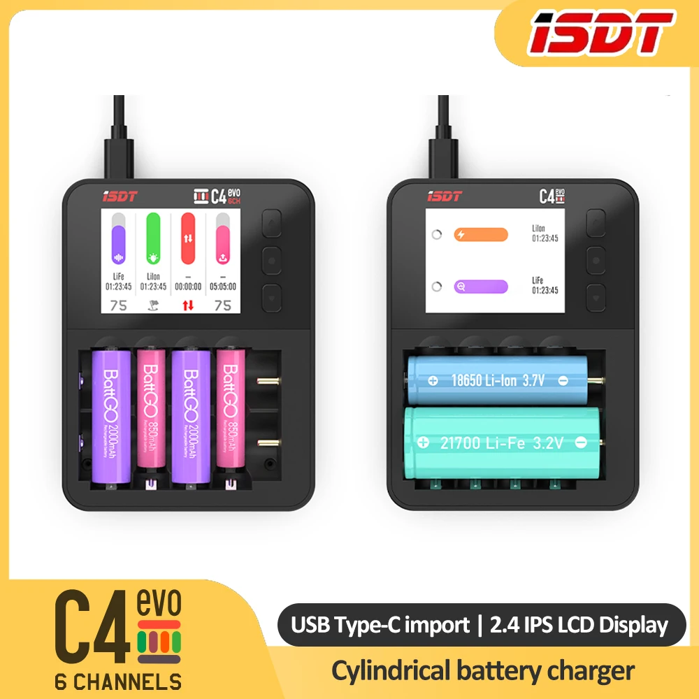 

ISDT C4 EVO Smart Battery Charger USB Type-C импорт 2,4 IPS LCD Поддержка QC2.0/3.0 и PD для литий-ионных аккумуляторов AA AAA