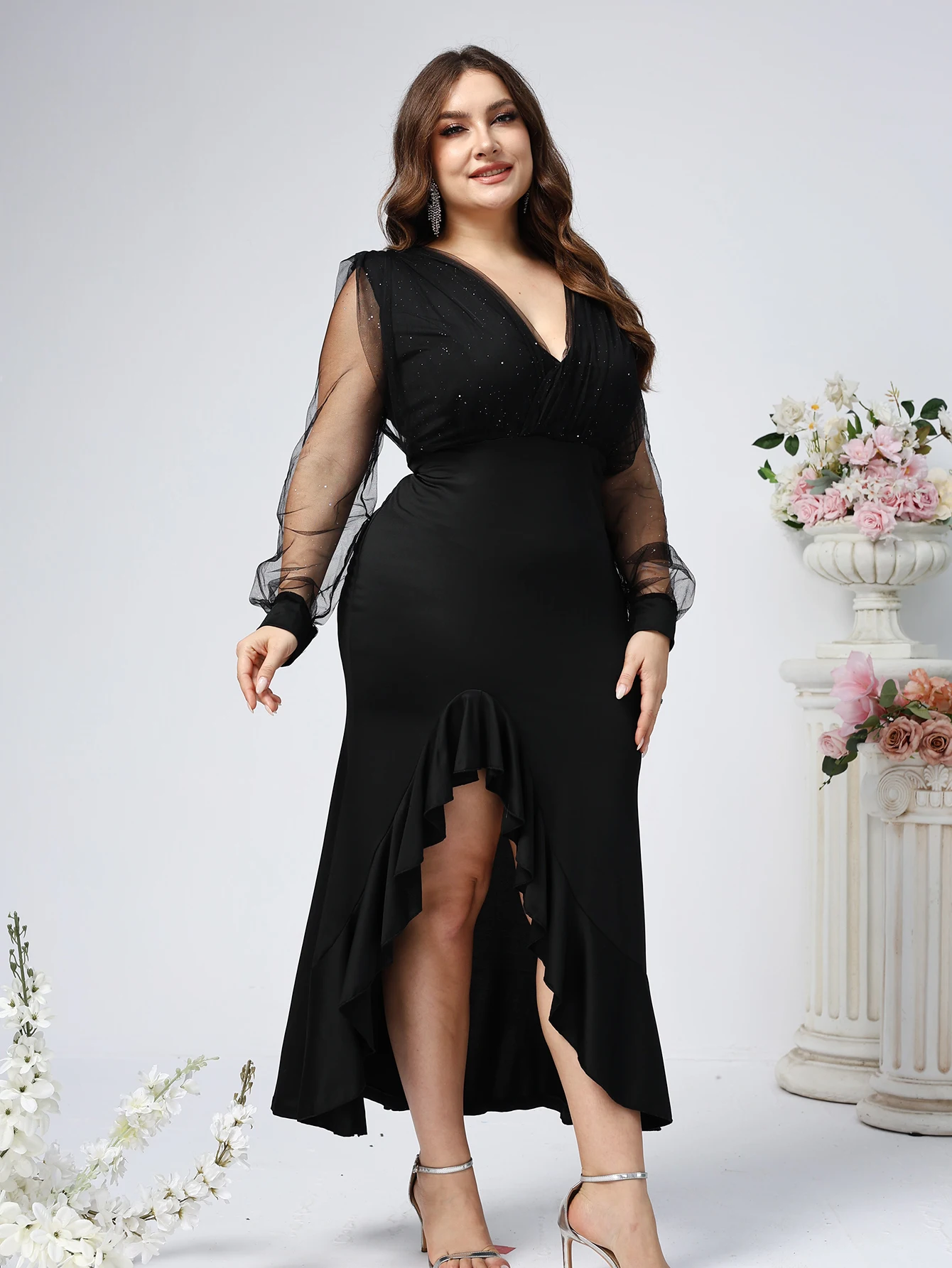 Ladies\' Plus Size V-neck Evening Dress With Long Sleeves Brilled Slit Wavy Satin Long Dress Elegant Wedding Party Dance Dress