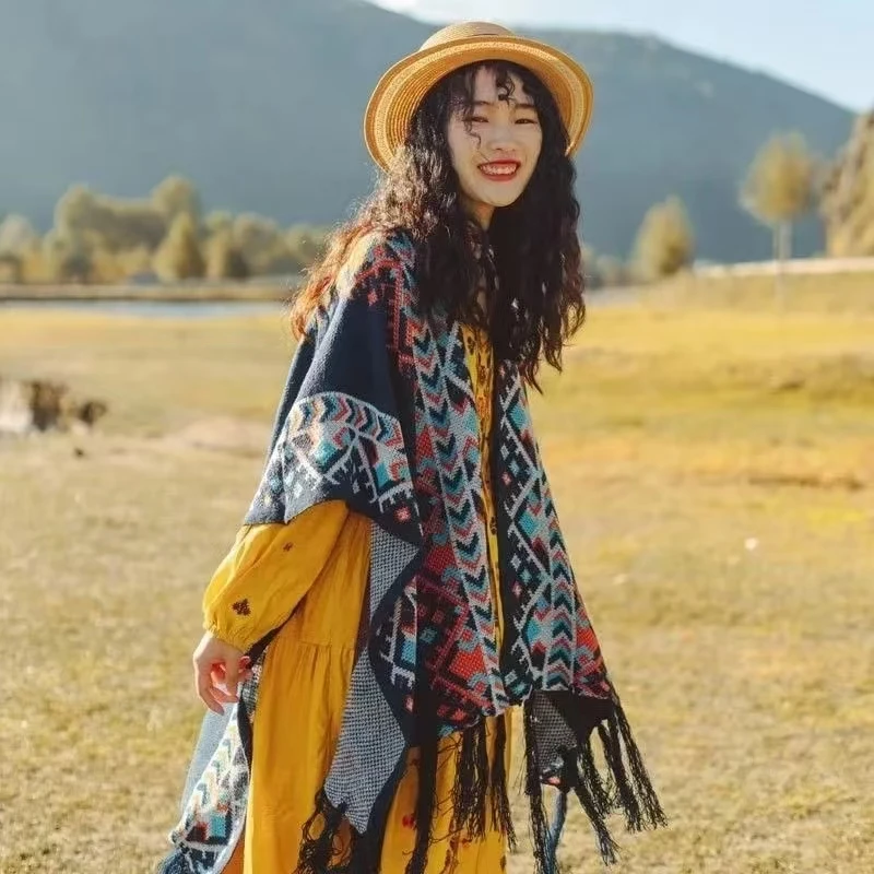 Poncho de style bohémien 138 pour femme, capuche avec bord, cardigan, manteaux de photographie, turismo, OtoBatte Invierno