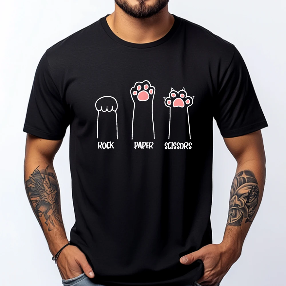 

Rock Paper Scissors Hand Game Cute Paw Funny Cat Mens Clothing 2025 Shirts Illustration Print Tee Shirts for Men