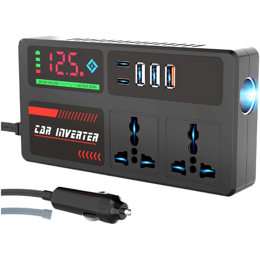 200W RV Boat Car Inverter 12V 24V to 220V AC Converter with USB Fast Charging and Color LCD Battery Monitoring
