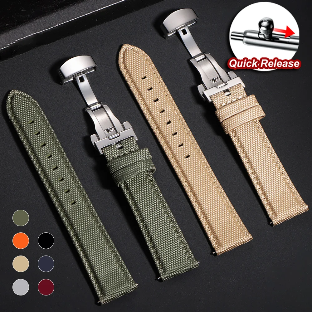 

High Quality 20mm 22mm Sailcloth Nylon Watch Band Universal Business Butterfly Buckle Men Quick Release Watchband Sport Strap