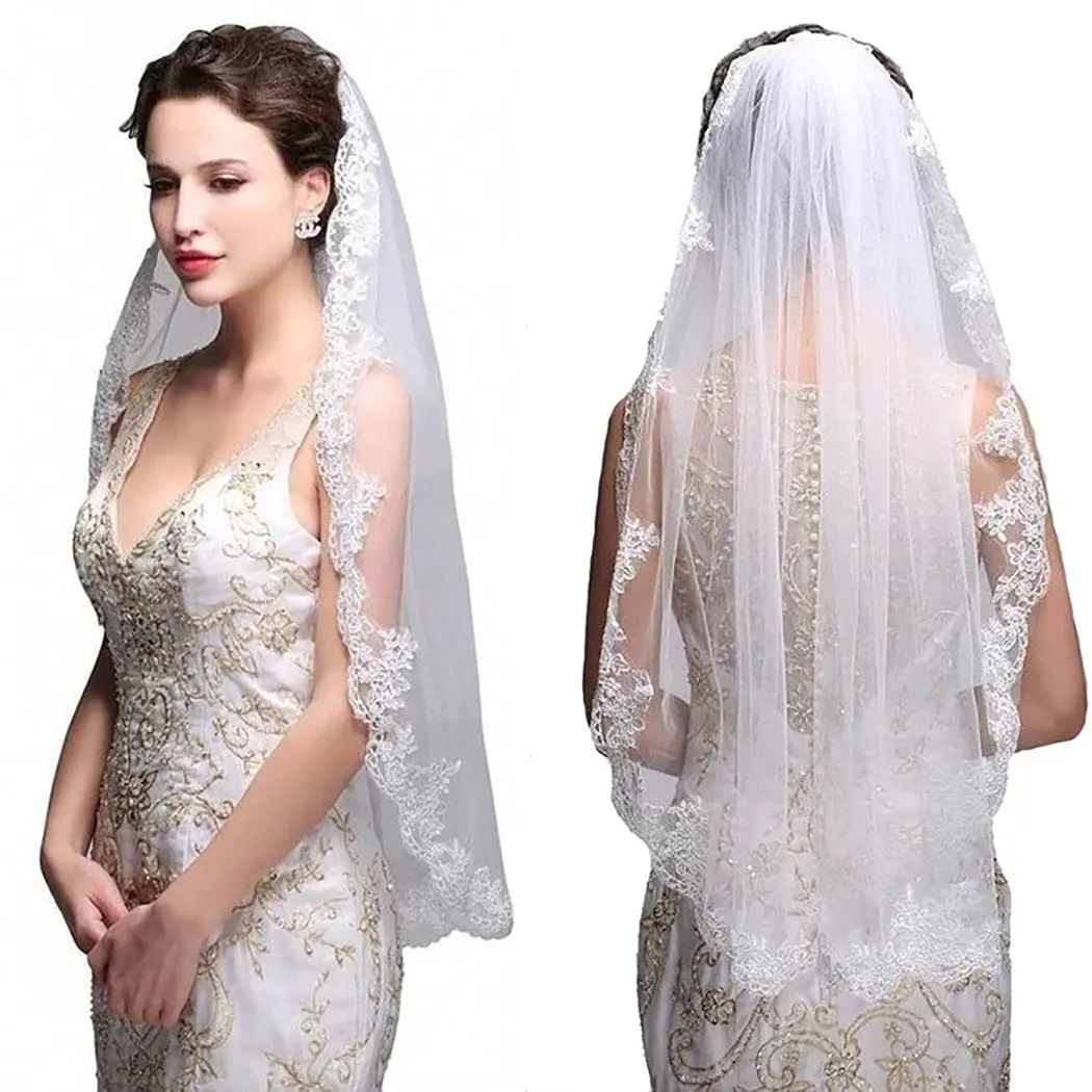 Voile en dentelle longueur du bout des doigts pour mariée, patients brodés avec peigne, pièce de sauna de mariage, accessoires, 1 niveau