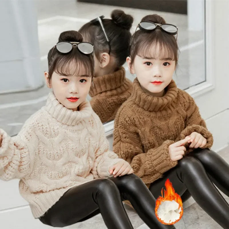 

2023 New Autumn Winter Baby Girls Solid Warm Knitted Sweaters Turtleneck Casual Criss-Cross Pullovers Teenager Thick Clothes X09