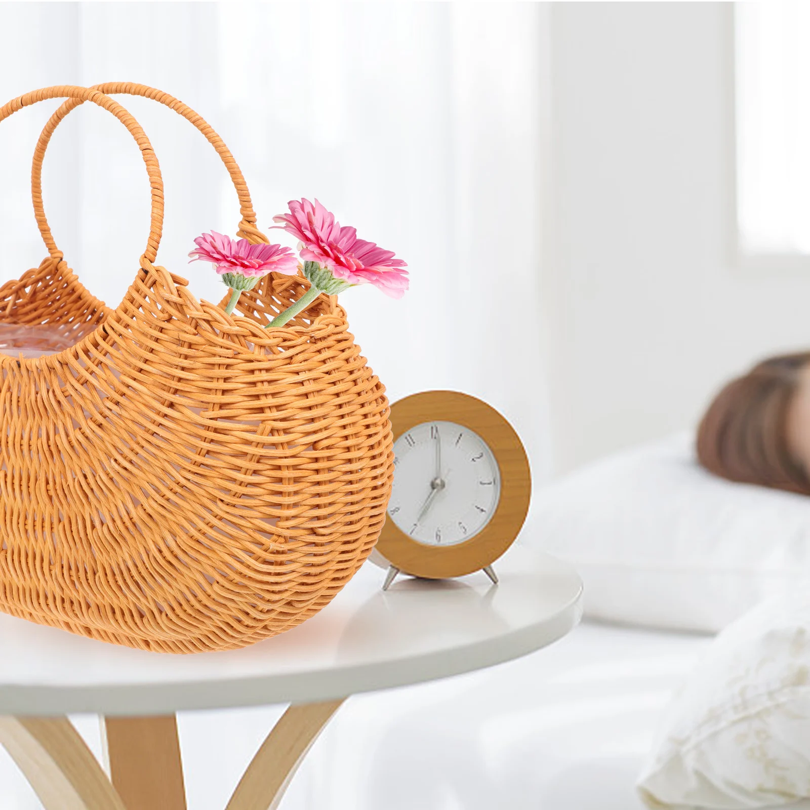 

Rattan Woven Basket Handle Handwoven Storage Container Flower Fruit Holder Picnic Garden Party Household Basket