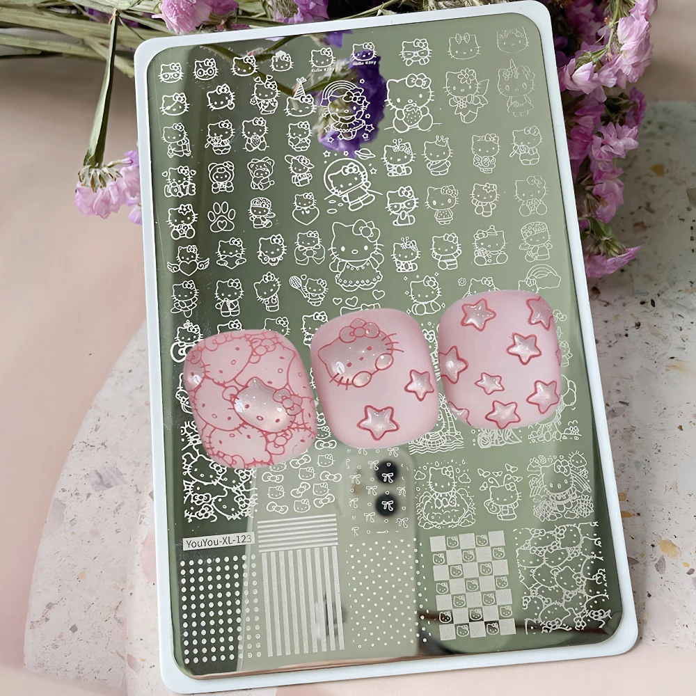5D Cartoon Hello Kitty Nail Art Stamping Plate Adesivo Cute Bow Kitty Design Grande stampa in acciaio inossidabile Stamp Template Strumenti per unghie