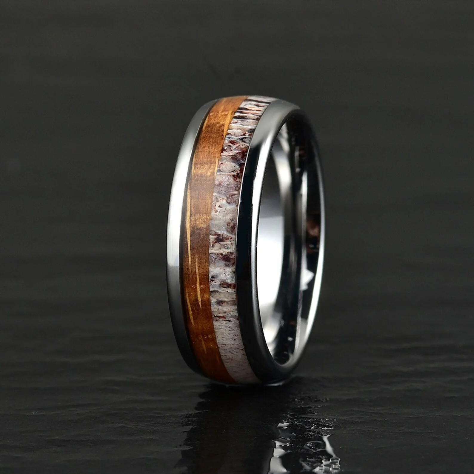 8mm Antler Whiskey Barrel Wood Silver Tungsten Carbide Rings For Men, Wedding Engagement Band Birthday Anniversary Gift For Him