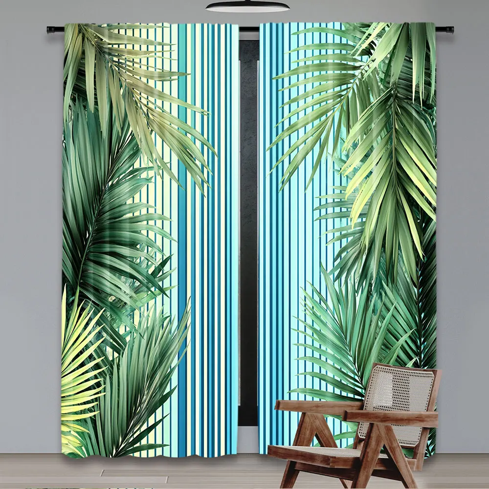 2Pcs Jungle Curtains Tropical Palm Leaves Like Feathers On Abstract Botanical Stripes For Bedroom Bathroom Living Room Dining