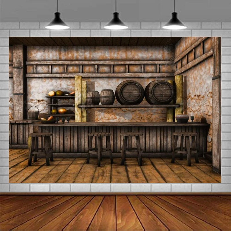 Shabby Saloon Tavern Interior Photography Backdrop Rustic Old Wall Wooden Bar Counter Tables Chairs Western Cowboy Background