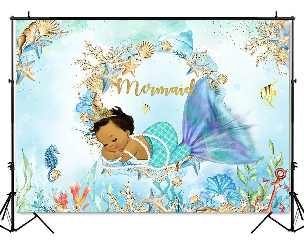 바다 아래 사진 촬영용 인어 공주 생일 파티 장식 배경, 신생아 샤워 배경, 사진 소품
