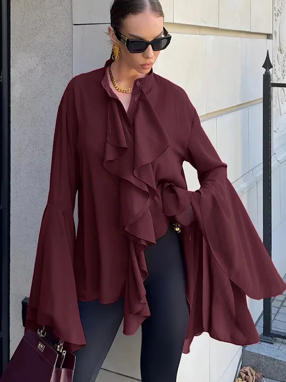 

Women's Summer irt Flared Sve Top Small Stand Collar Bell Sve Long Sve Other Material 00% Floral Design Ladies ...