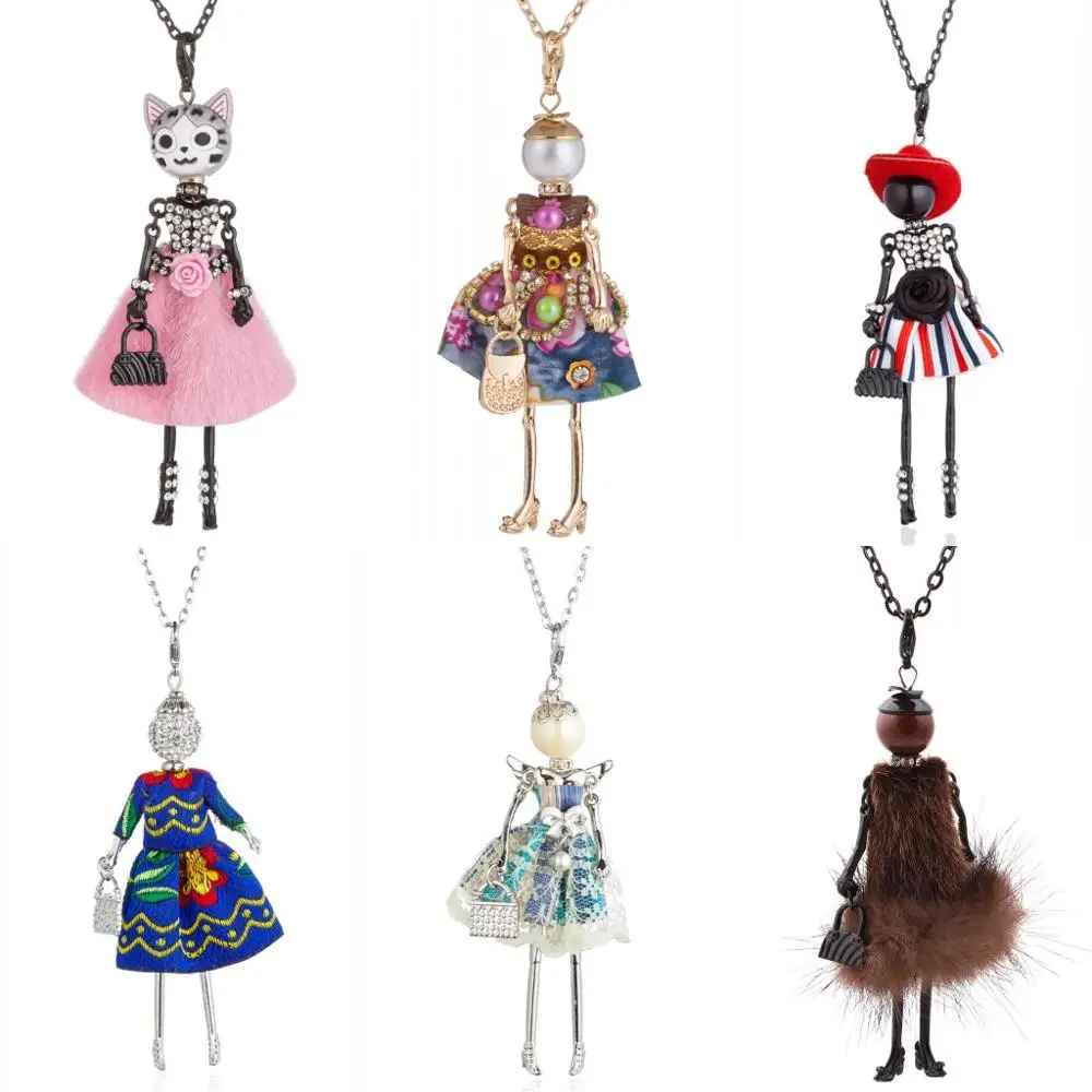 Multicolor princess Dress Cat Doll Girl Rhinestone Pendant Necklace Women Statement Chain Necklaces & Pendants For Women gift