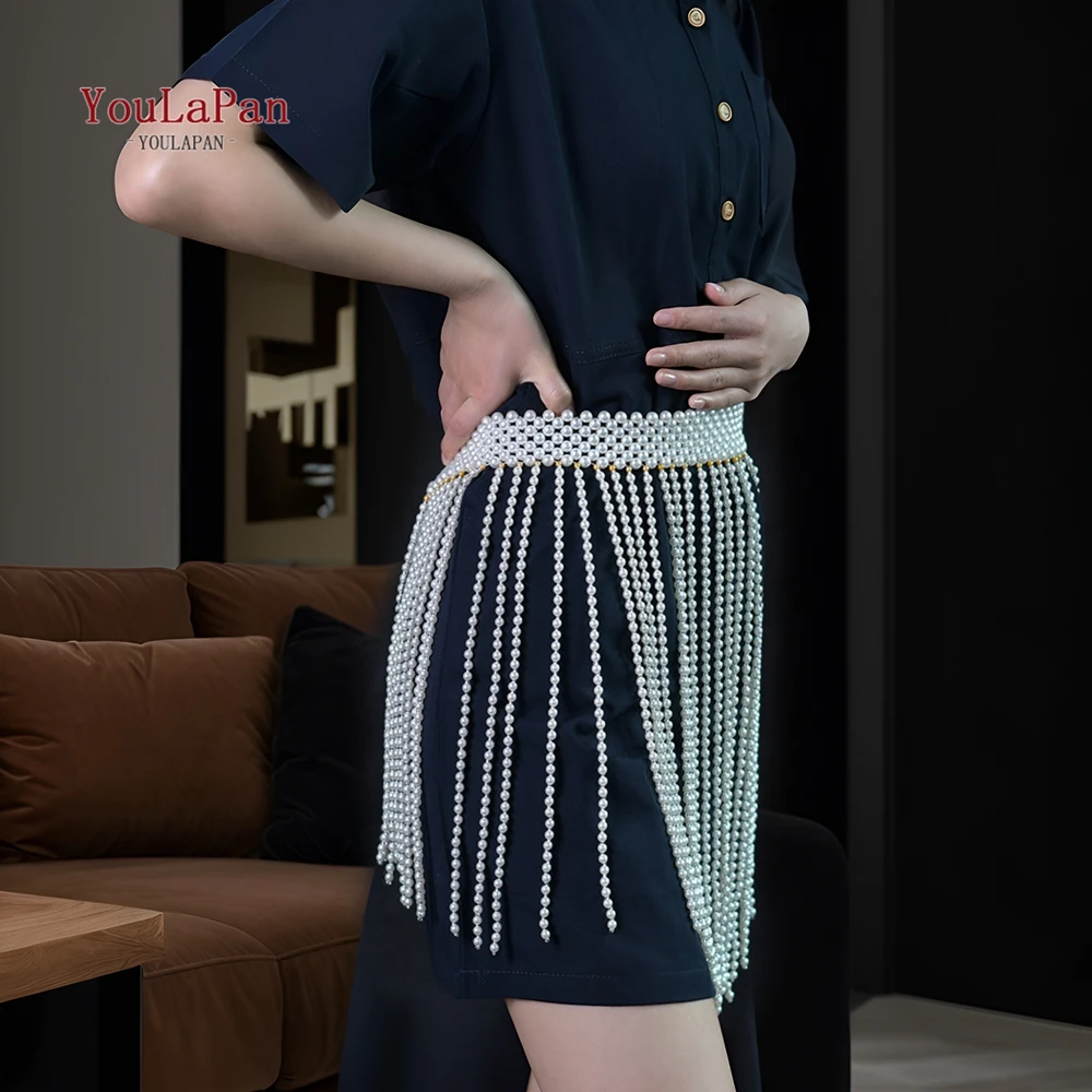 YouLaPan High Waisted Belly Button Chain Pearl Fringe Style Women's Skirt Short Sexy Body Accessories Pearl Belt Accessories G97