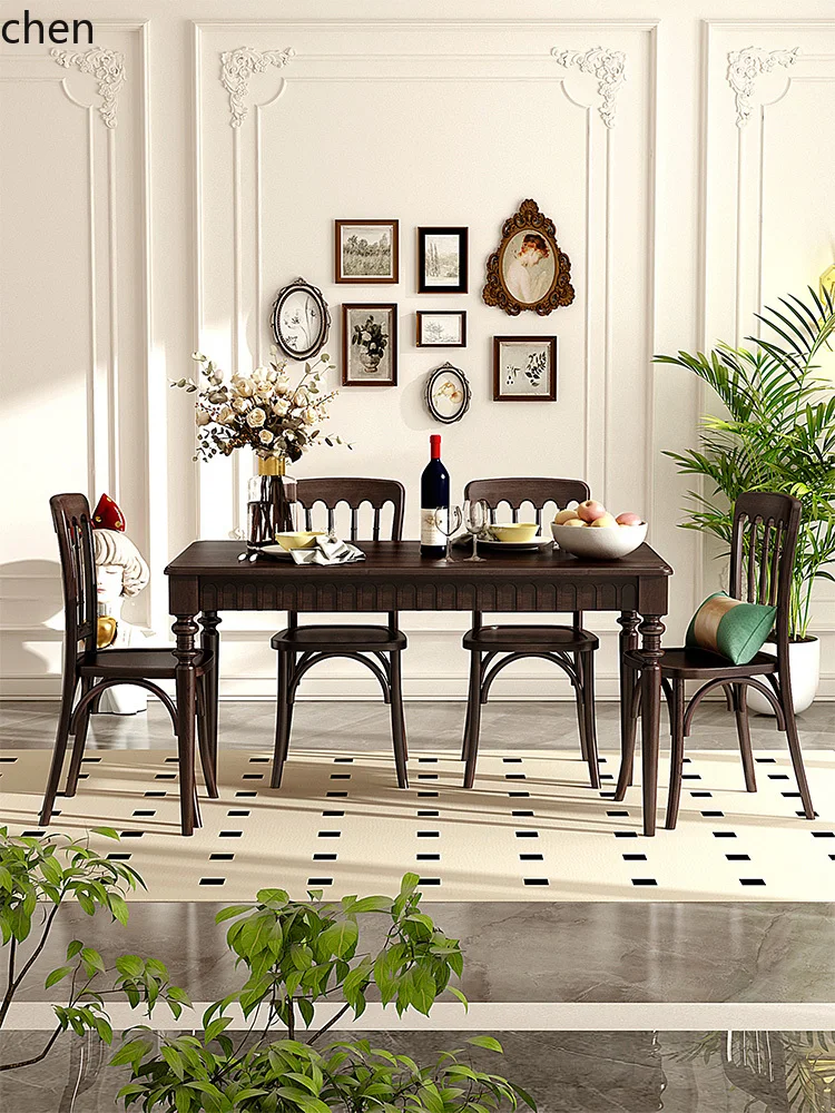 HT Solid Wood Dining Table and Chair Set for Home Use, Vintage Style Simple Bar Table