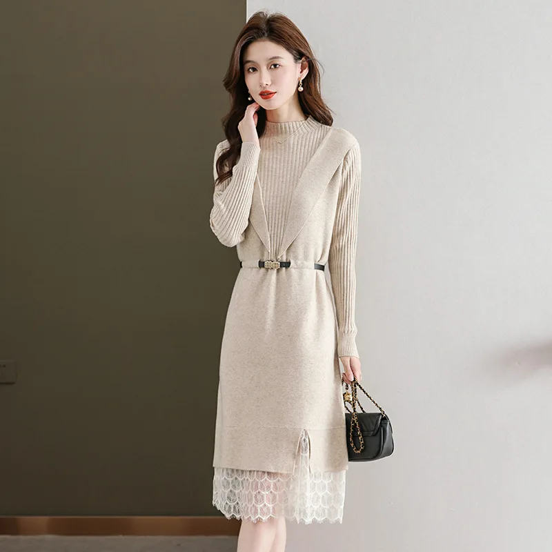 Fashion Woolen Lace Sweater Dress For Women Spring Autumn Pullovers Jumper Slim Ladies Knitwear Vestidos Pulls Femmes Jersey