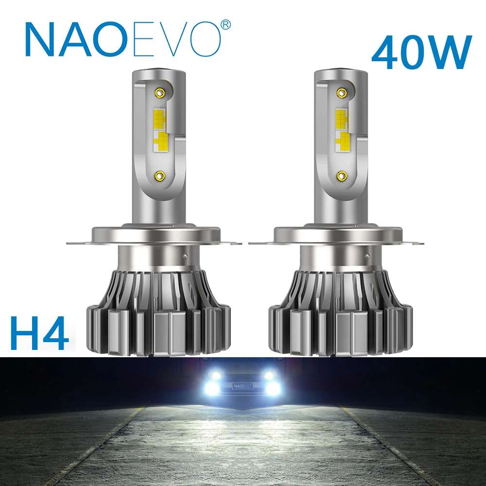 NAOEVO 2Pcs H4 LED Lamps Fanless 9003 HB2 Hi/Lo Car Headlight Head Lights 40W LED Bulb Headlamp for Automotive 12V 6500K White