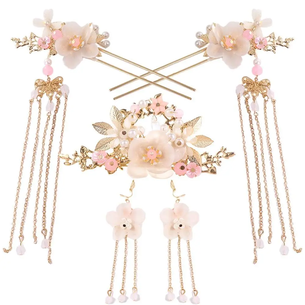 

Headpiece Hairpins Fashion Flower Tassel Long Handmade Hanfu Hair Stick Hair Comb Headwear Sets Earrings