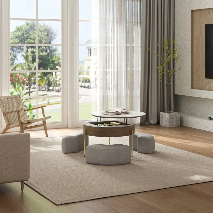 طقم طاولة قهوة حديثة مستديرة مع مساحة تخزين 3 رجل من خشب الجوز الأبيض #6