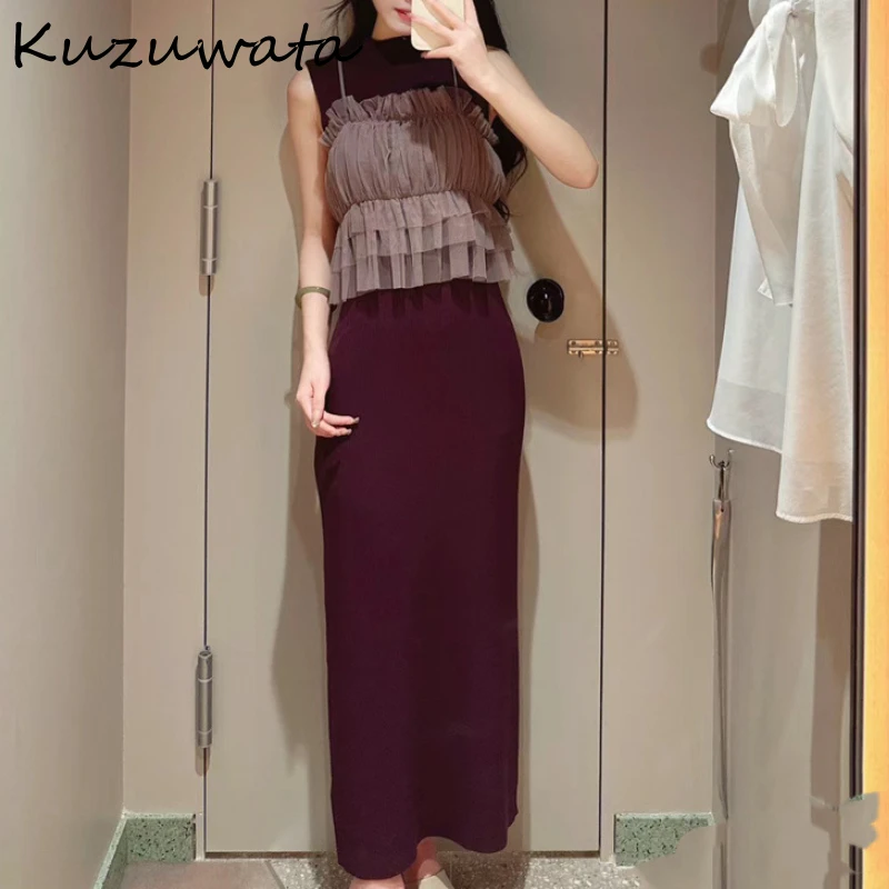 

Kuzuwata Temperament Stretch Waist Ruched Dress Solid Spaghetti Strap Voile Bow Femme Robe Japan All-match Knit Fungus Vestidos